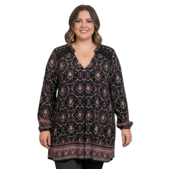 Daniel Rainn Tops - Daniel Rainn 2X Black Boho Tunic Crochet Detail Medallion Print Office Modest
